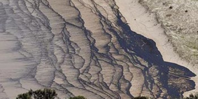 A huge oil slick blackens the sand of a beach near Cape Moreton on Moreton Island, Queensland, Australia Photo: EPA